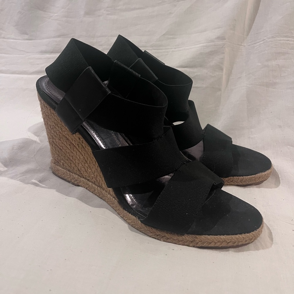 Black Elastic Strap Espadrille Wedge Sandals